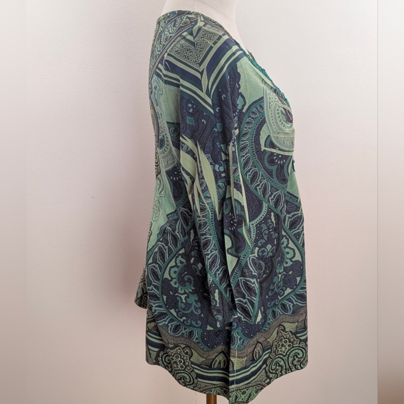 One World Women's Size Small Bohemian Teal and Green Tunic - Picture 4 of 9